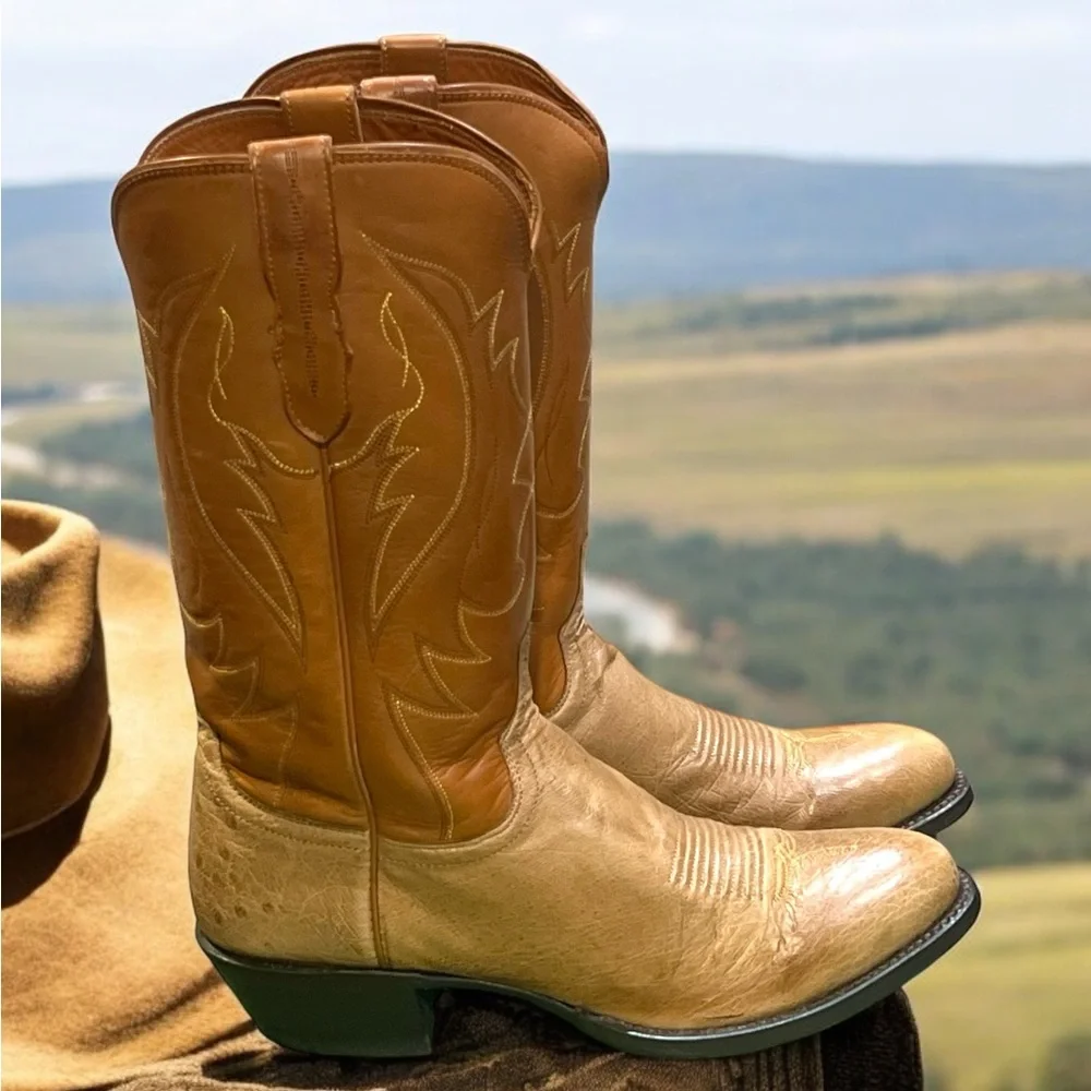 Lucchese 4035 tan smooth Ostrich Cowboy Boots Size 9.5D. - Picture 3 of 9